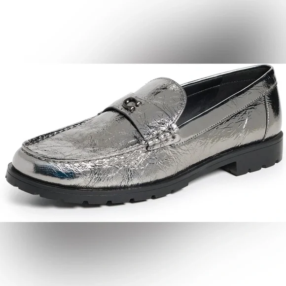 Coach NIB Metallic Silver Anthracite Jocelyn Crinkle Loafers - Picture 2 of 14